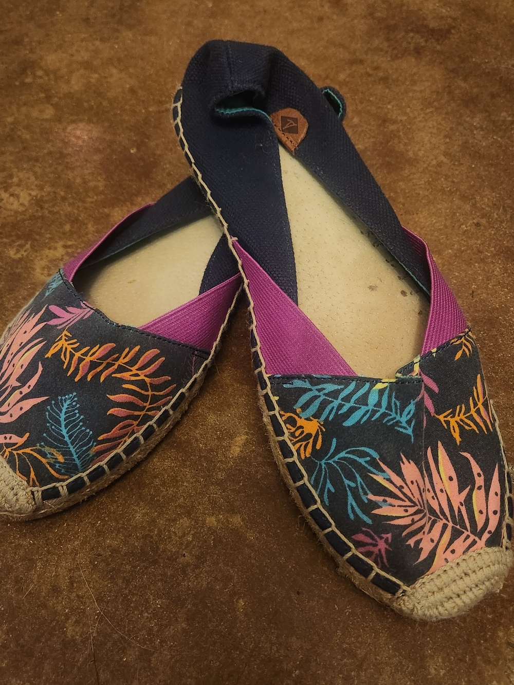Sperry Top-Sider Womens Espadrille Flats Tropical Palm Leaf Canvas Navy Pink 8.5